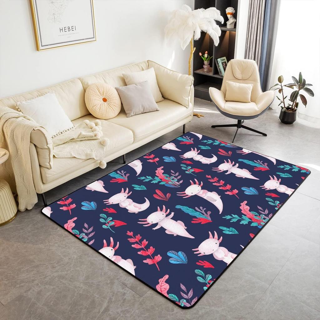 Kawaii Axolotl Area Rug for Girls, Space Moon Print Rug Kids Farm Animal for Bedroom Living Room Decoration Non Slip Carpet