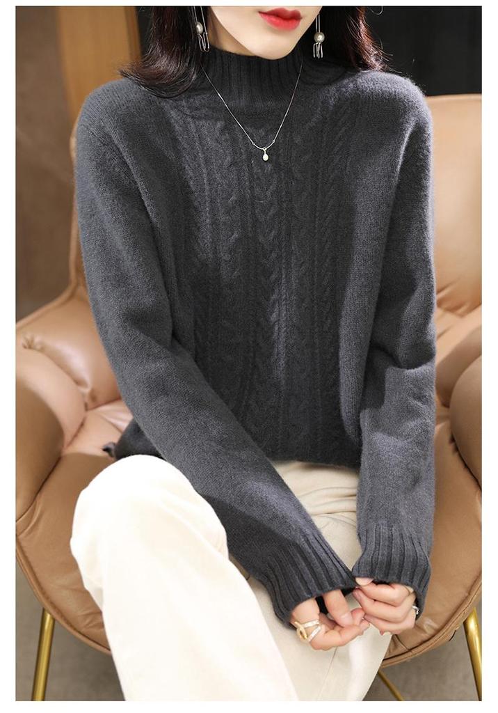 Women's Cable Knit Wool Sweater - High Neck, Thick, Long Sleeve, Autumn/Winter
