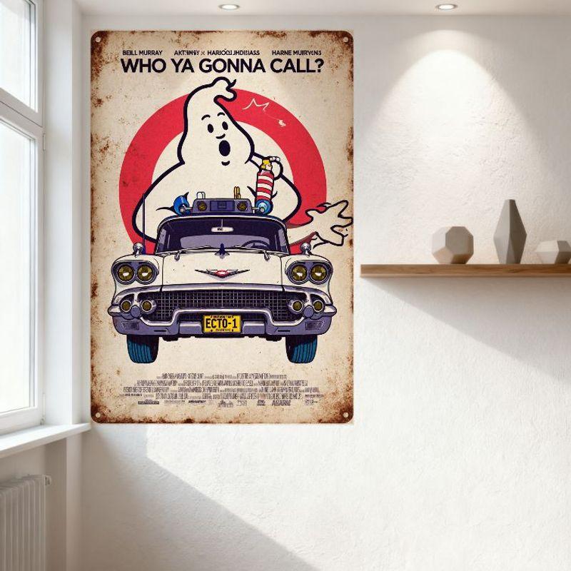 Ghostbusters Vintage Metallblechschild - WEN RUFT IHR AN? ECTO-1 Auto Stay Puft Marshmallow Man Kunstplakette für Heimbar Club Mann C