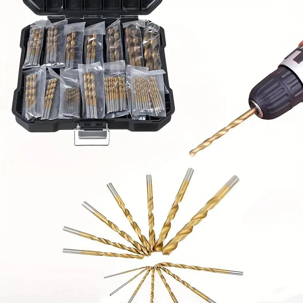 99pcs Titanium Coated Straight Shank Twist Drill Bits Woodworking High Speed Drilling Tools