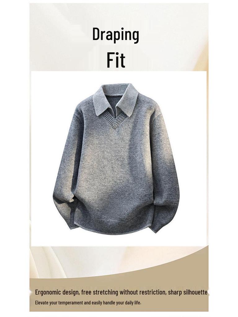 Men's Stylish Solid Color Two-Piece Look Lapel Sweater - Warm Japanese-Style Knitwear for Autumn/Winter.