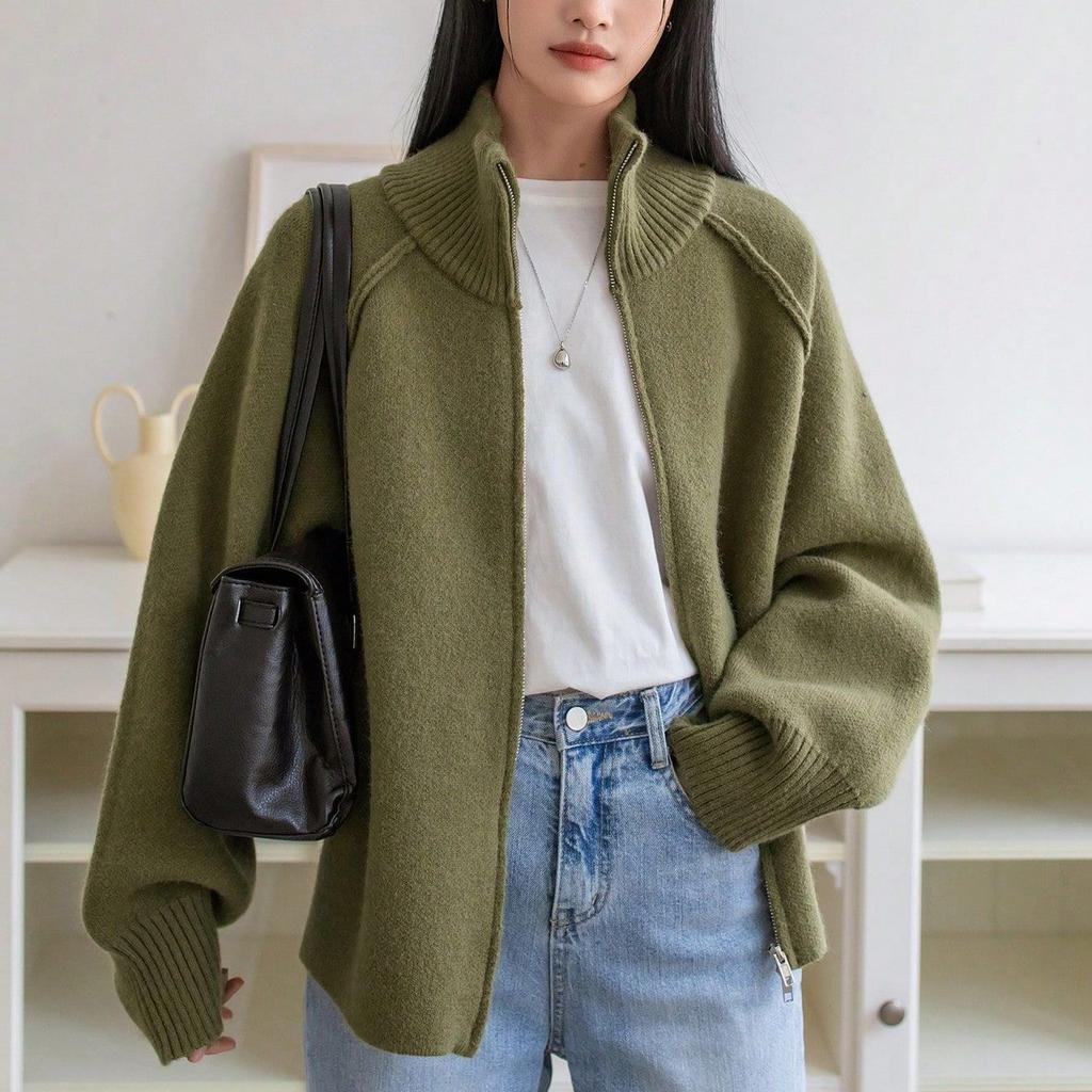 Solid Stand Collar Zip Knitted Cardigan Top Sweater Jacket