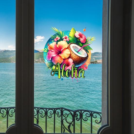 Summer Window Clings Tropical Hibiscus Flower Coconut Window Stickers Removable PVC Static Decal for Beach Vacation Hawaii Theme Home Kitchen