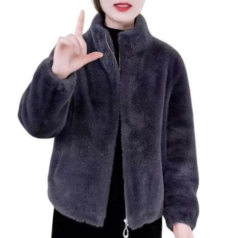 Women Winter Coat Thick Faux Fur Turn-down Collar Short Type Zip-up Cardigan Long Sleeves Cold-proof Outerwear School Outdoor Jacket