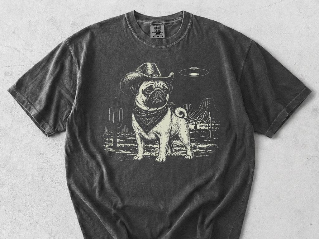 Pug UFO Western Comfort Colors T-Shirt - Cowboy Pug Desert Shirt, Vintage Ranch Dog Mom Dad Gift