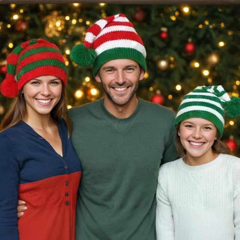 Christmas Hat Knitted Hat With Red And Green Stripes And Fur Ball Long Tail Hat Christmas Hat Old Man Hat