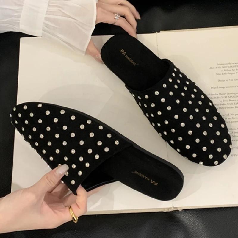 Fashion High Quality Faux Suede Flat Slippers Women Luxury Rhinestone Round Toe Design Casual Shoe Comfort Moccasin Brand Designer Shoes