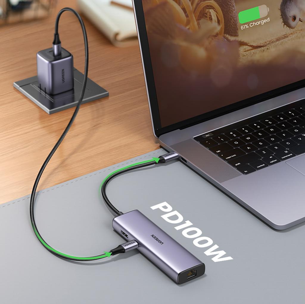 Ugreen CM512 Multiport USB-C Hub: Dual USB-A 3.0, HDMI, Ethernet, SD/TF Card Reader, 100W Power Delivery - Gray