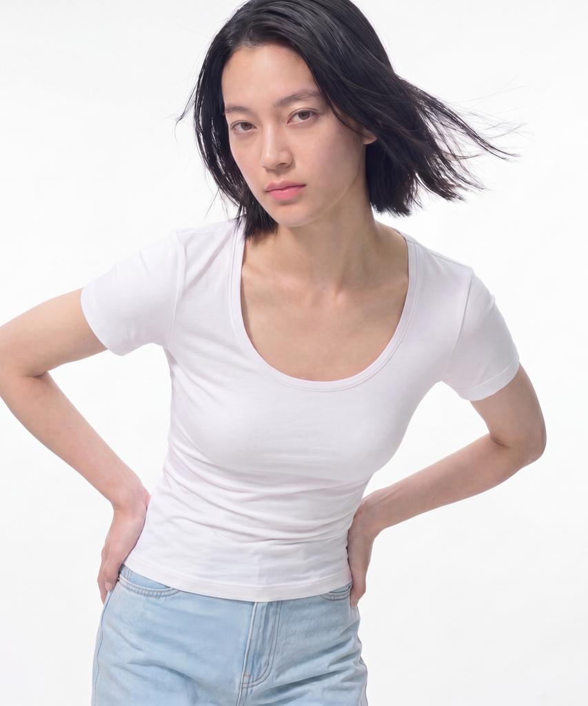 BASIC HOUSE Women'S Modal Spandex U-Neck Slim Fit Short Sleeve T-Shirt White