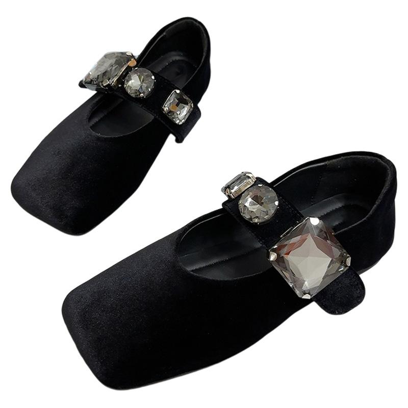 Francuski aksamit cyrkoniowy kwadratowy nosek buty Mary Jane damskie 2025 lato nowe płytkie płaskie buty w stylu wróżki damskie