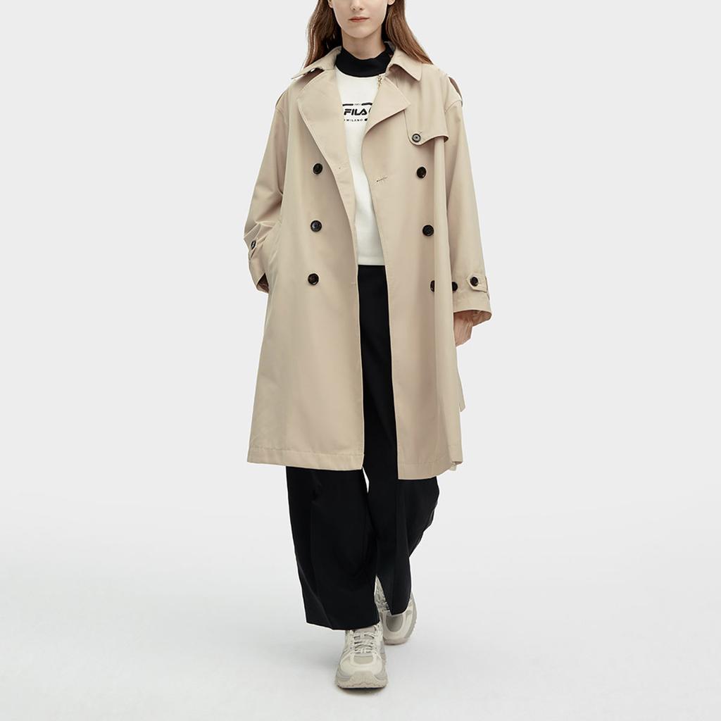 Fila Solid Color Polo Collar Casual Woven Mid-Length Coat Women Coats Stone Khaki F11W415708F-LK