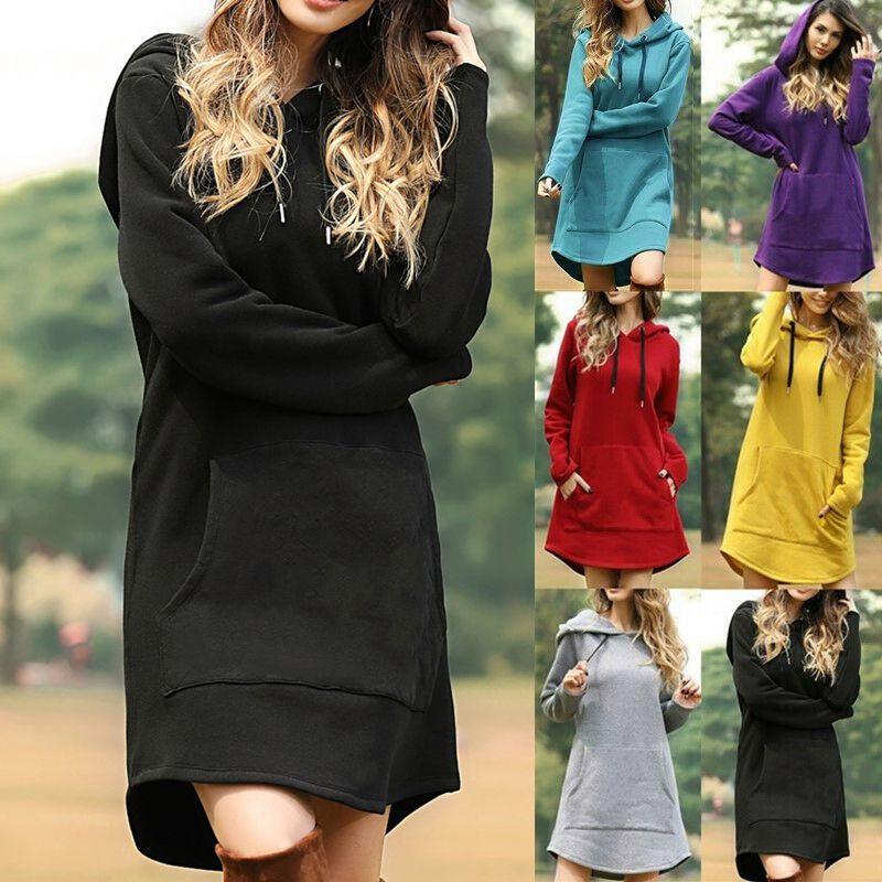 Cozy Womens Winter Long Sleeve Tunic Tops Pullover Hoodie Dress In Six Colors