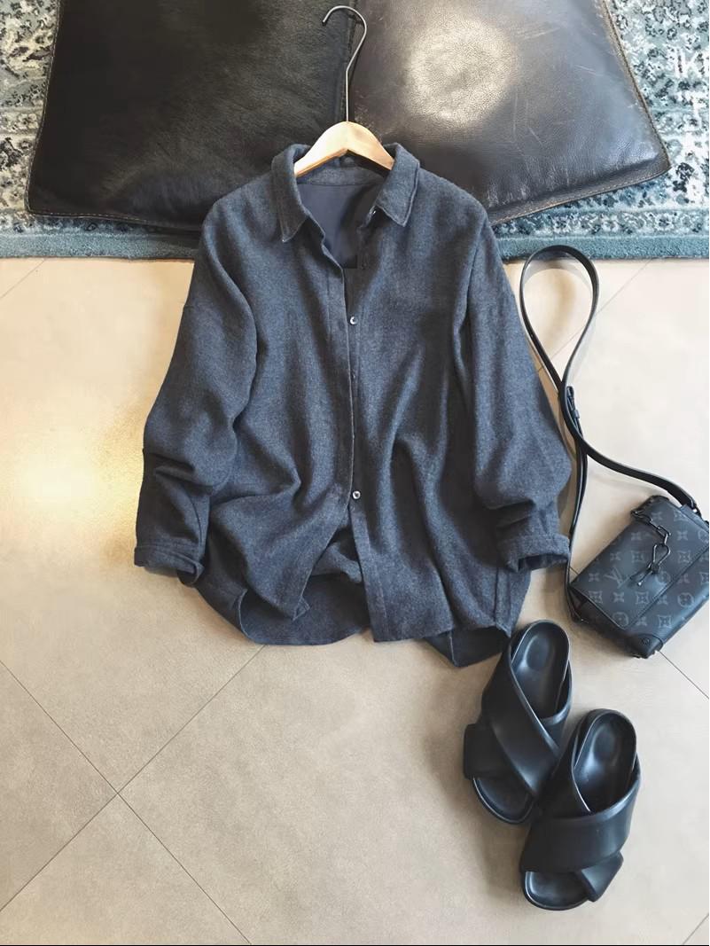 

Nanyou Minimalist Fine Wool Cashmere Lapel Drop Shoulder Long Sleeve Shirt Medium темно-серого