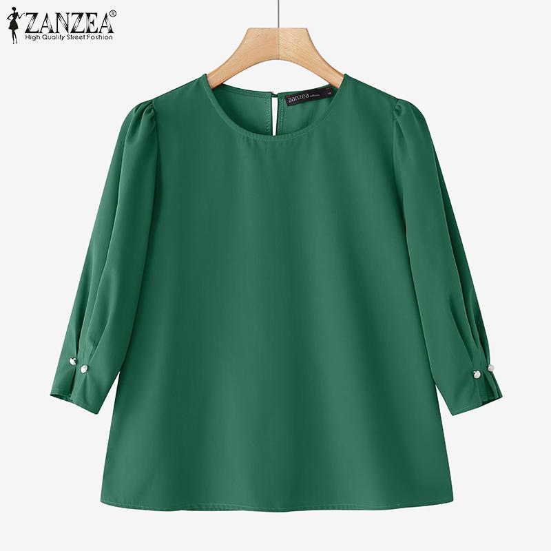 

ZANZEA Женская блузка с круглым вырезом, рукавом 3/4, однотонная, повседневная, элегантная 3XL зелёный