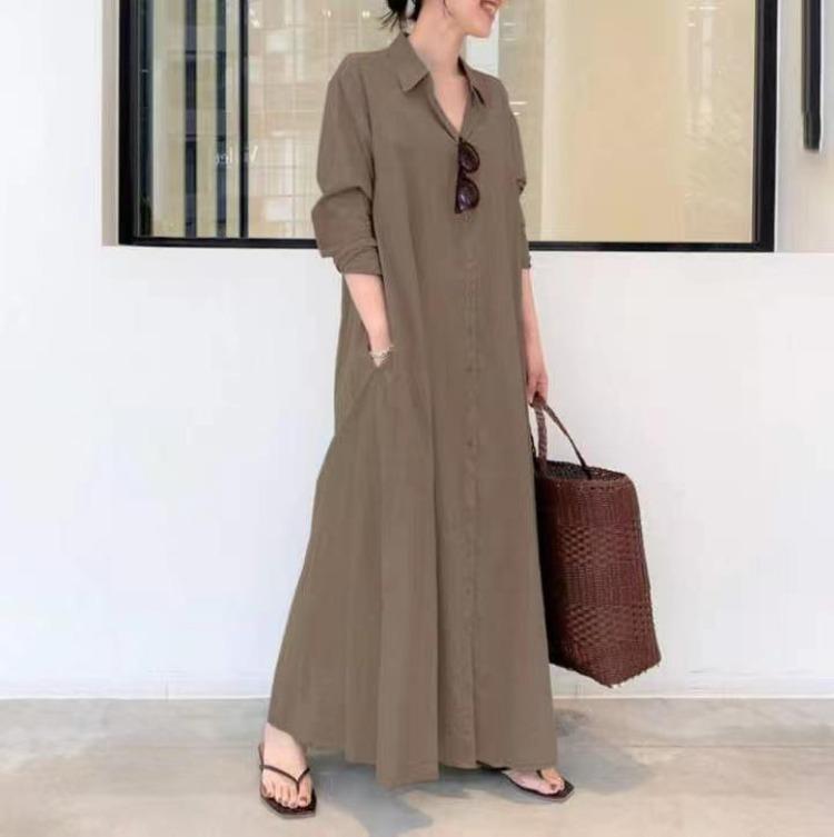 Abito Lungo Camicia da Donna con Maniche Lunghe, Scollo a V, Bottoni e Tasche in Cotone