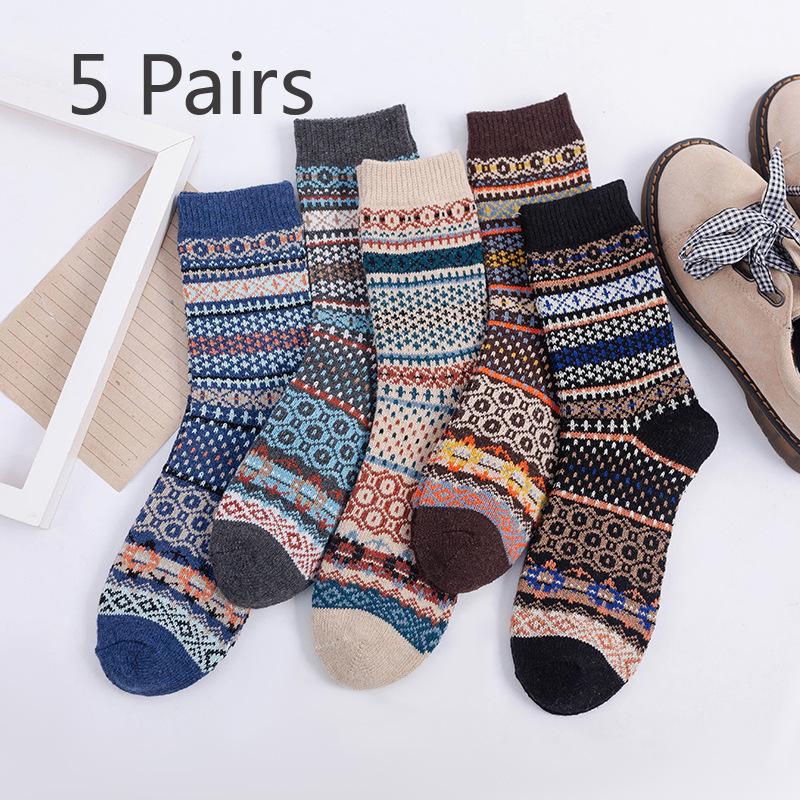 5 Pairs of Women's Autumn and Winter New Thickened Warm Ethnic Style Rabbit Wool Mid Calf Socks
