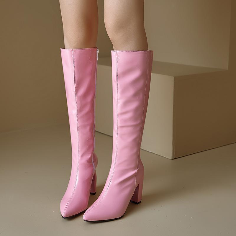 Cizme cu toc înalt pentru femei toamnă și iarnă noi temperament simplu culoare uni cu vârf ascuțit mărime mare cu toc gros cizme medii