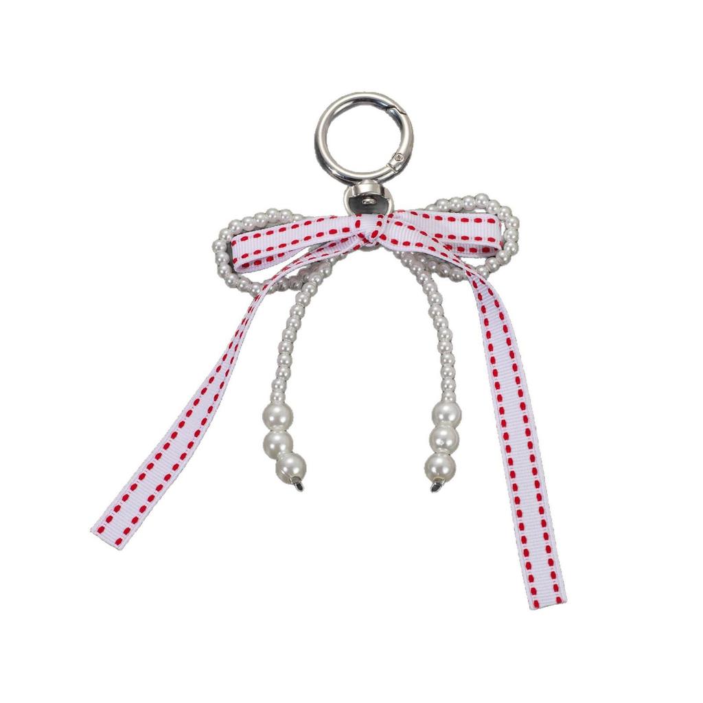 Minimalist Sweet Girl Style Handmade Beaded Faux Pearl Multicolor Ribbon Bow Keychain Charm