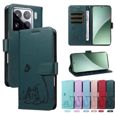 Magnetic Wallet Flip Leather Case for Xiaomi 15 14 14T 13 13T 12 12T 11 11T Ultra Pro Lite 5G | Cat Butterfly & Embossed Design