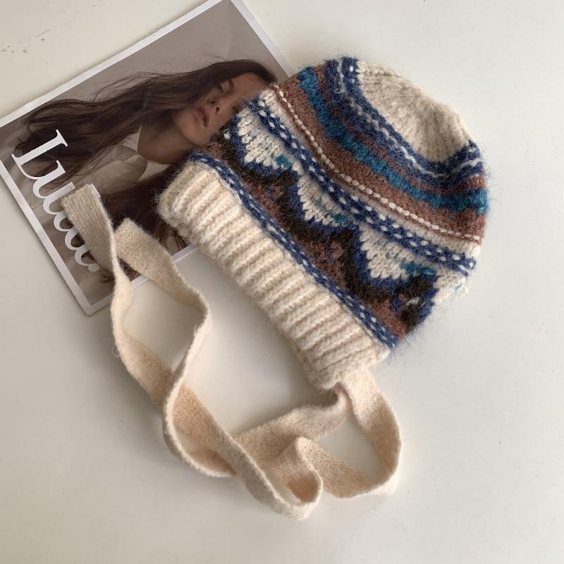 Vintage Fair Isle Mütze Damen Winter Sturmhaube Warm Großer Kopfumfang Winter Gestrickte Wollmütze Ohrenschützer