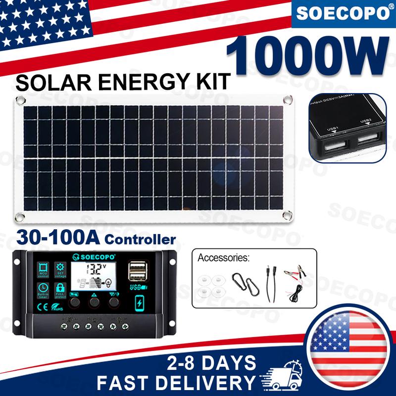 (Stock américain) Kit de panneau solaire 1000W Portable Flexible Chargeur de batterie 12V Contrôleur 100A Sortie USB pour Camping-car Téléphone Camping-car