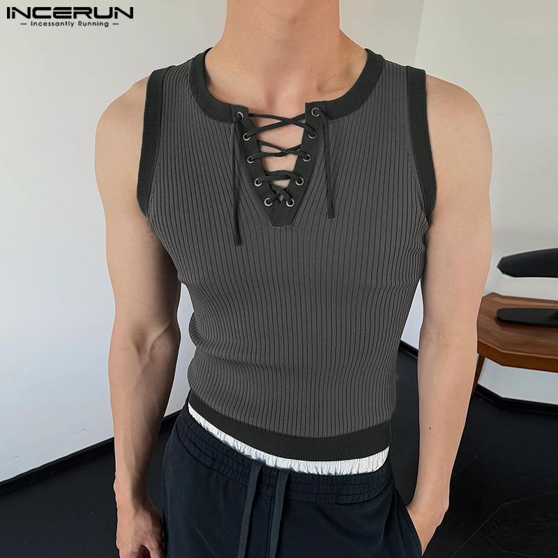 

INCERUN Summer Men Lace-up Neck Sleeveless Stitching Casual Tank Tops 5XL чорний