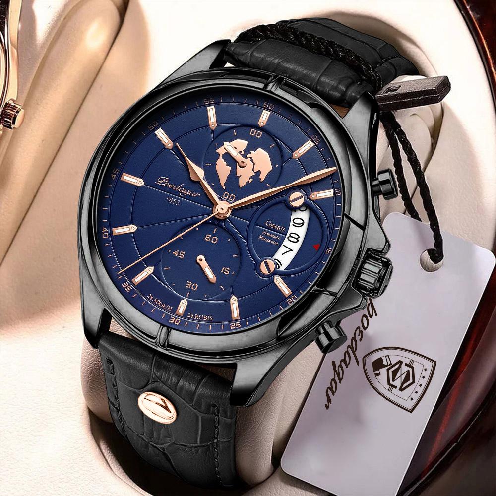 POEDAGAR Top Funktionale Herrenuhr Chronograph Datum Wasserdicht Lederuhren für Männer Mode Armbanduhr Quarzuhren schwarz/blau