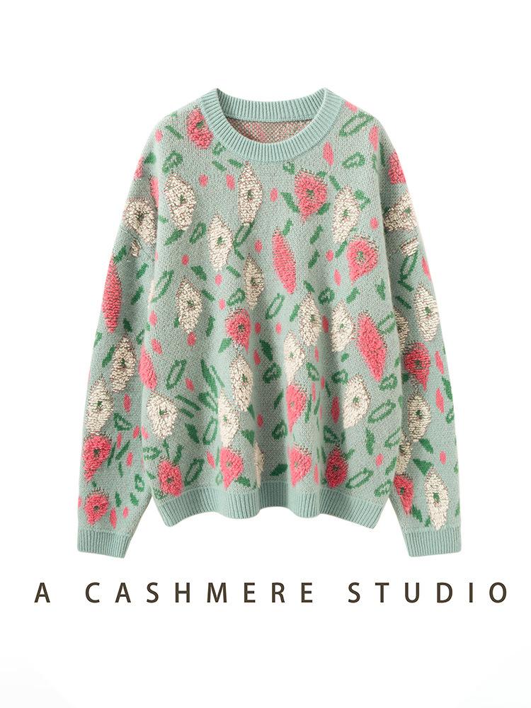 Cashmere Peach Blossom Jacquard Heavy Brushed Sweater, Round Neck, Loose Fit, Thick Wool.