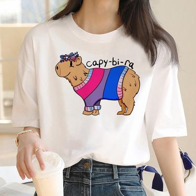Niedliches Capybara Fun Print T-Shirt Sommer Niedliches Capybara Damen Top Y2K Mode Lässig Rundhals T-Shirt Tops