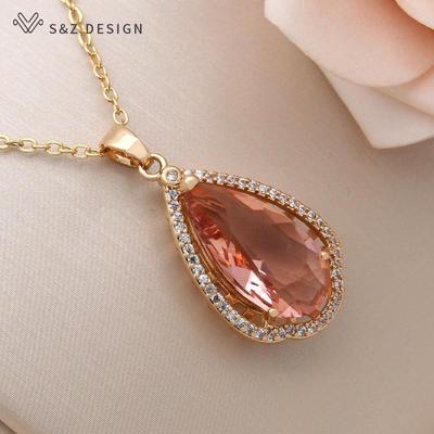 Fashion Elegant Champagne Cubic Zirconia Pendant Necklace For Women Wedding Party Jewelry Trendy Fine Gift