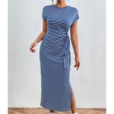Vestidos Listrados Justos com Cintura Ajustada Fenda Emagrecedora Decote Redondo Vestidos Femininos