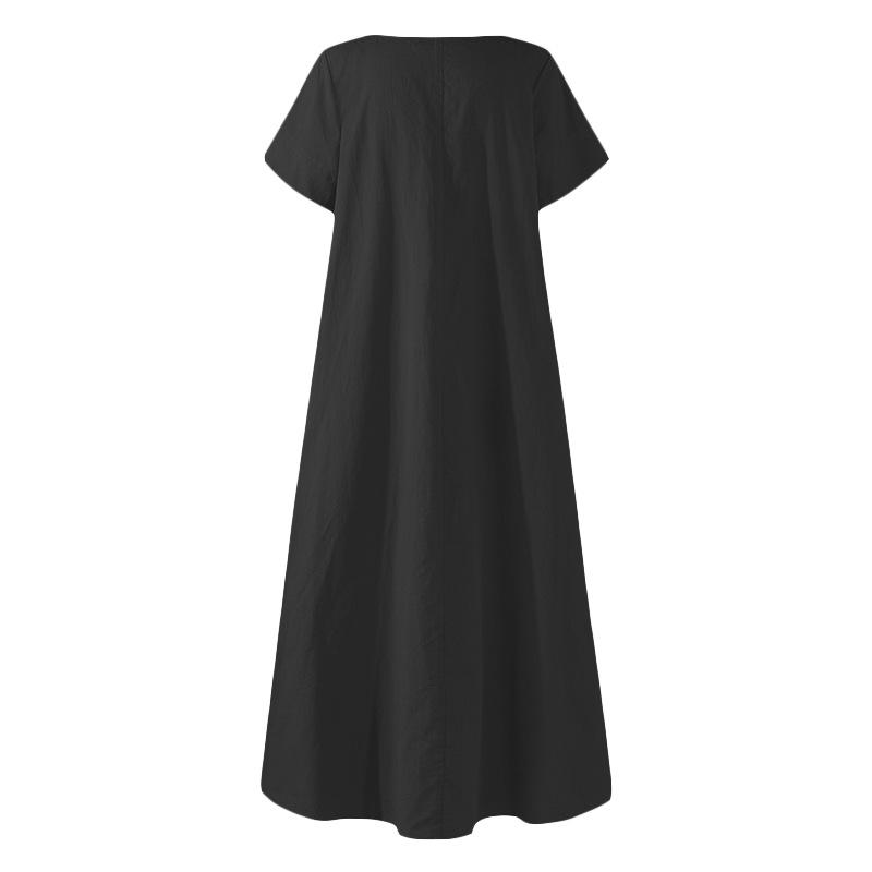 Vestido Maxi de Algodón y Lino de Verano para Mujer, Vintage Artístico de Color Sólido con Cuello Redondo de Manga Corta Holgado Talla Grande Casual Largo