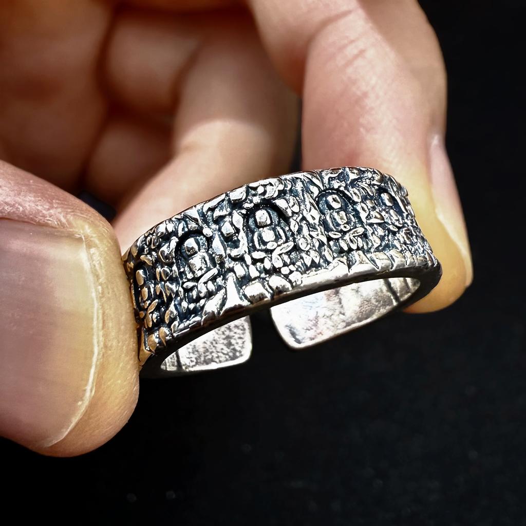 Retro Buddhist Cave Adjustable Open Ring For Men Silver-plated Copper Gothic Punk Edgy Peaceful Accessories Blessed Gift