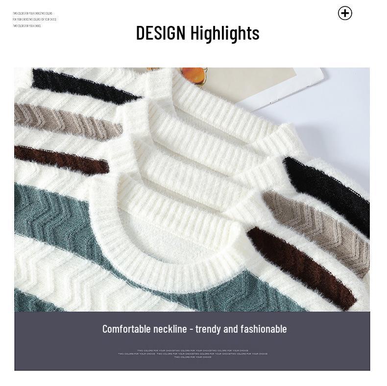 Yang Men's Striped Crew Neck Pullover: Casual Loose Knitwear for Autumn/Winter
