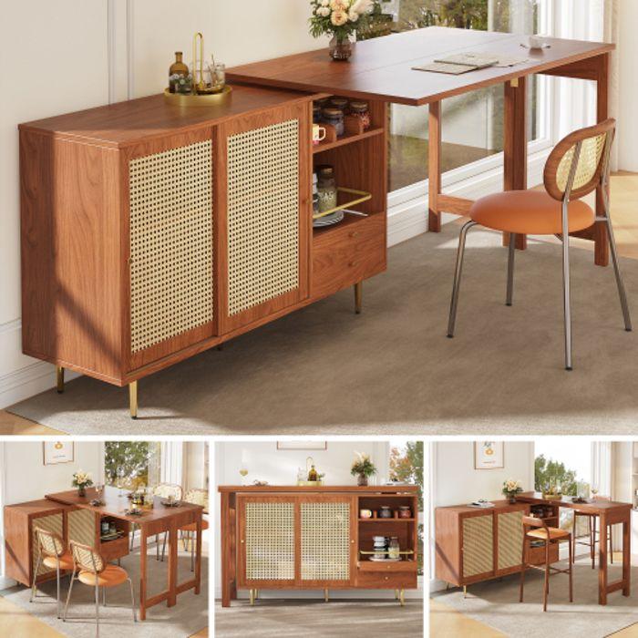 Table Haute - MUVOE - Pivotante 360° - Marron - Rangement En Rotin - Étagères Ouvertes