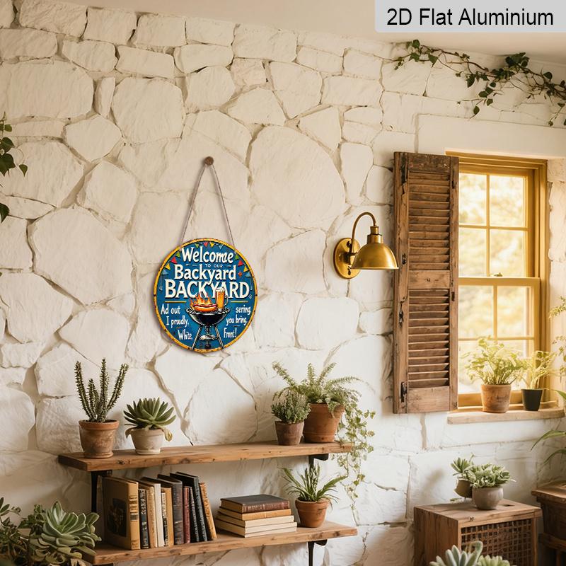 2D Flat, 1pc 7.87" Round Aluminum Sign with "Barbecue Party Beer Garden" Vintage Decorative Plaque, Yard BBQ Beer Theme Aluminum 2D Decoration Plate