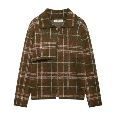 Women Fashion Plaid Single Button Knitted Sweater Vintage Lapel Neck Long Sleeves Female Chic Lady Outfits