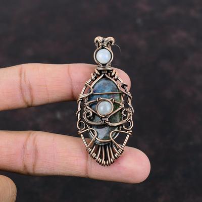 Evil Eye Ruby In Blue Kyanite Pendant Copper Wire Wrapped Pendant Rainbow Moonstone Gemstone Jewelry Handmade Evil Eye Jewelry Gift For Wife