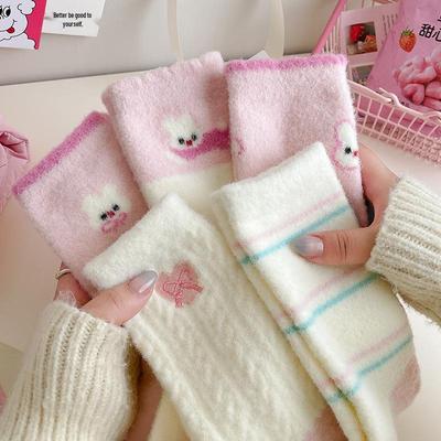 Australian Velvet Pink Fleece-Lined Women's Mid-Calf Cartoon Socks - Thick, Warm, and Fluffy Sleep & Floor Socks.