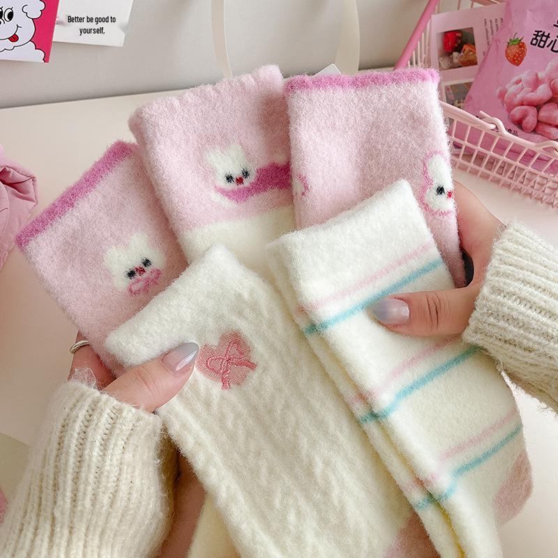 Australian Velvet Pink Fleece-Lined Women's Mid-Calf Cartoon Socks - Thick, Warm, and Fluffy Sleep & Floor Socks.