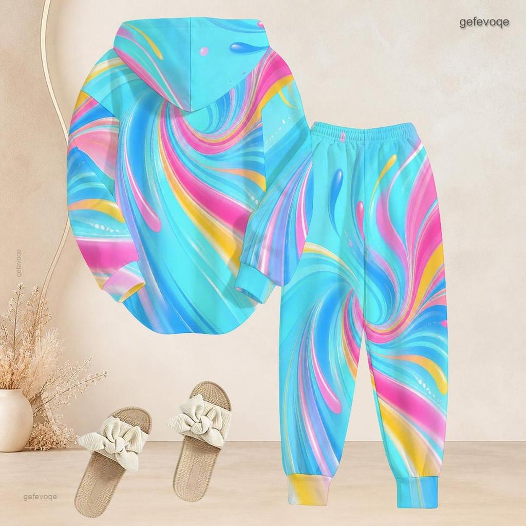 Women Plus Size Two Piece Set Hooded Long Sleeve Colorful Printed Top Cuffed Pants