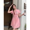 Sweet college style splicing button lapel dress women's small summer waist A word short skirt