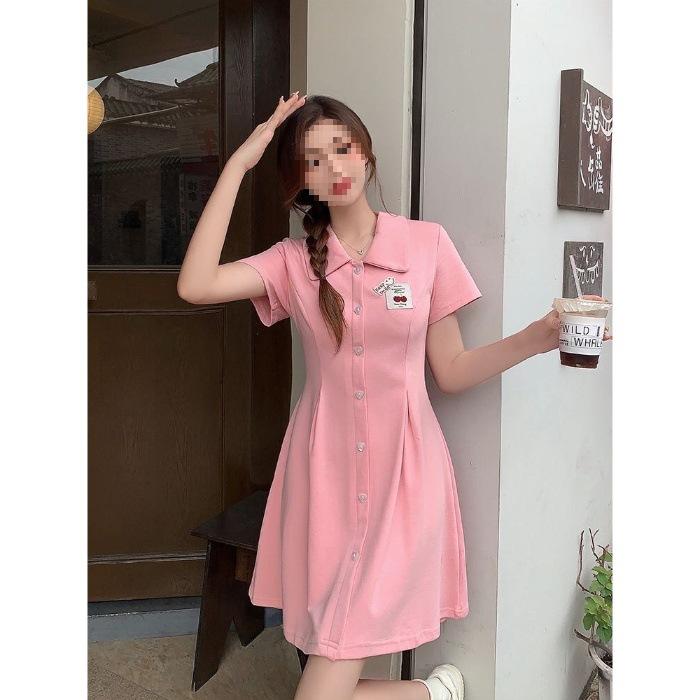 Sweet college style splicing button lapel dress women's small summer waist A word short skirt