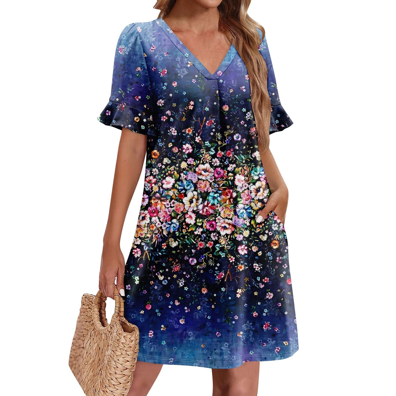 

Летние платья для женщин с V-образным вырезом, оборками и коротким рукавом, повседневное свободное платье с принтом, пляжное платье с карманами XL