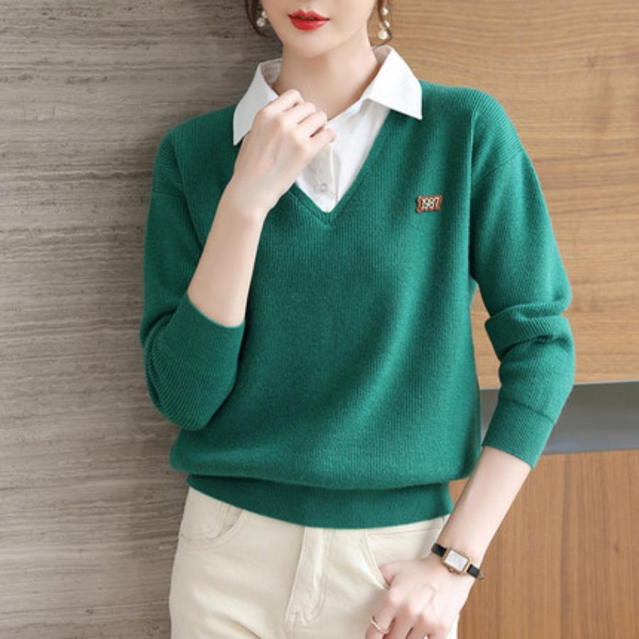 Fake Two Piece Knitted Sweater Tops Women Fashion Long Sleeve Plus Size Sweater Shirt Solid Base Pullovers