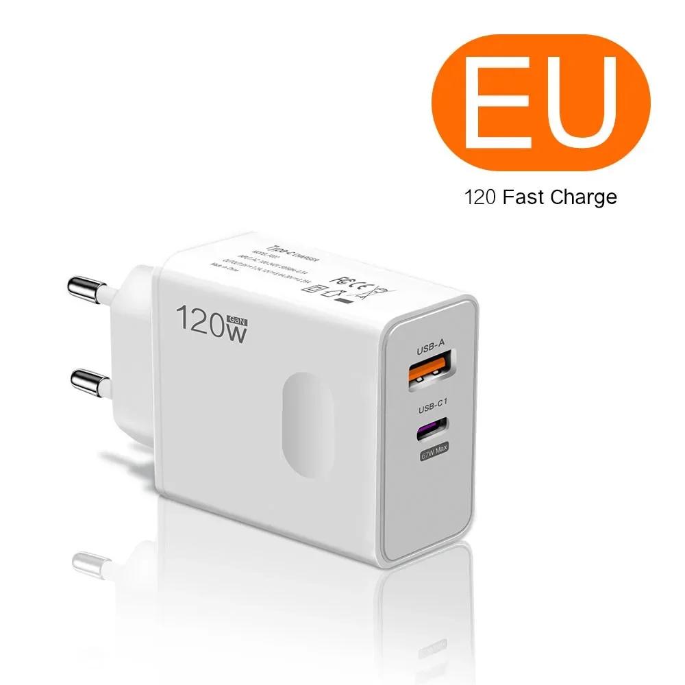120W GaN USB C PD Charger Quick Charge 3.0 Fast Phone Charger Adapter For iPhone 16 Xiaomi EU/US Plug Portable Wall Fast Charger