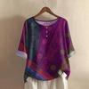 Camicia alla moda e casual da donna a maniche corte con scollo rotondo e stampa, blusa top in cotone e lino