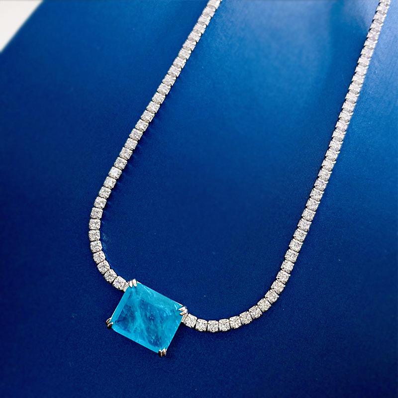 Paraiba 925 Sterling Silver Women's Clavicle Necklace with Full Diamond Simulated Luxury Design