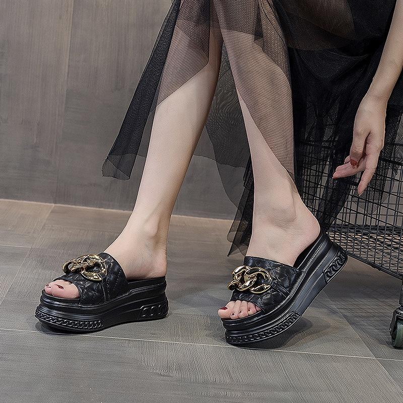 Fashion High Quality 7cm Genuine Leather Women Summer Shoes Outside Slippers Beach Shoes Platform Wedges Slides Sandals Beach Shoes