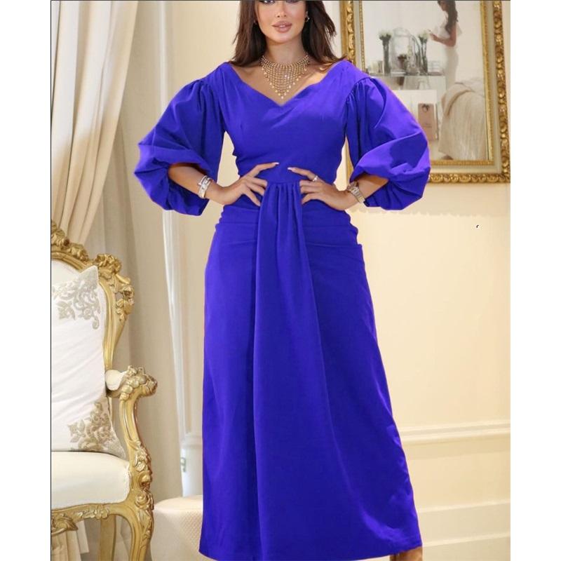 Solid Color Lantern Sleeve V-neck High Waist Long Women s Evening Dress S синий